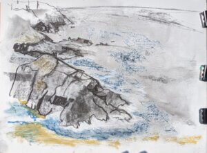 Pendeen Headland, sketch. Mixed media, 20 x 30cm